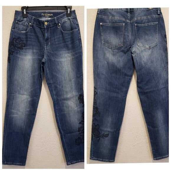 Chico's Platinum Women Size 00 Dark Ankle Denim Jeans Floral Embroidery - Picture 1 of 10